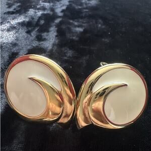 Vintage MONET Earrings White Enamel Swirl With Gold
